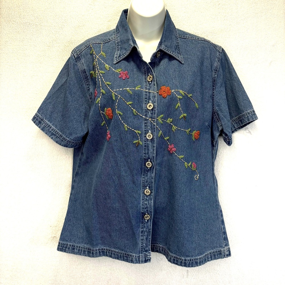 Vintage Studio West Beaded Floral Western Shirt Womens Medium Denim Embroidered - Picture 2 of 10